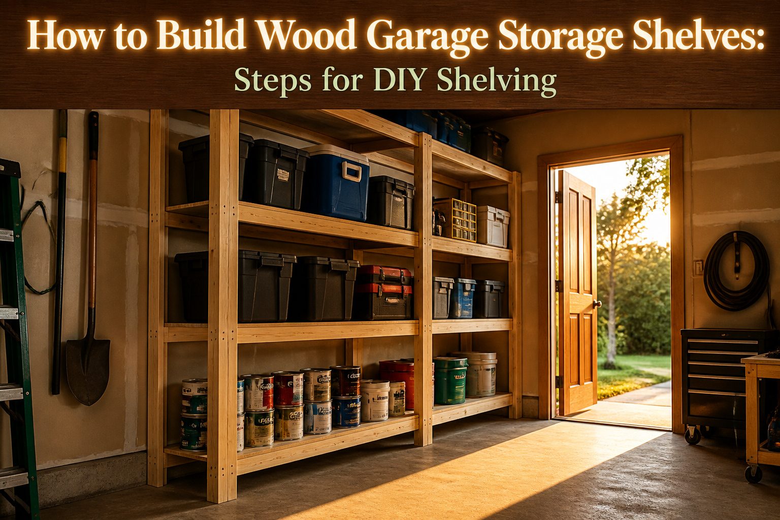 A finished garage storage shelving unit filled with various bins and tools.