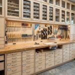 Organized woodworking workshop with light wood cabinets, pegboard tool storage, and a long workbench with many drawers.