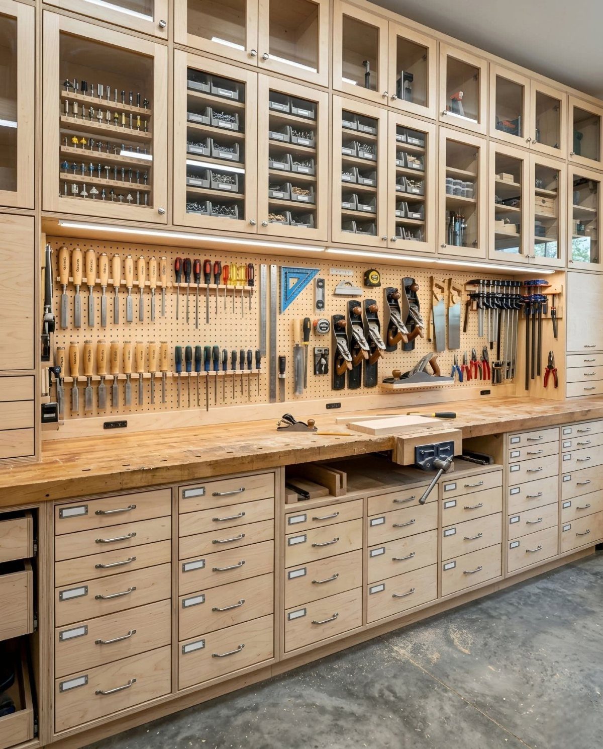 Organized woodworking workshop with light wood cabinets, pegboard tool storage, and a long workbench with many drawers.