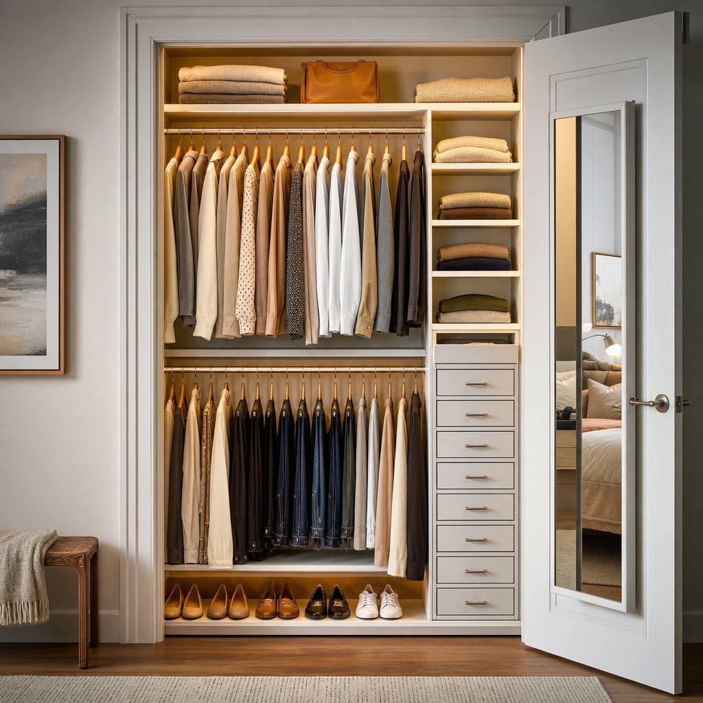 An organized white closet with hanging clothes, folded items on shelves, drawers, and shoes on the bottom shelf.