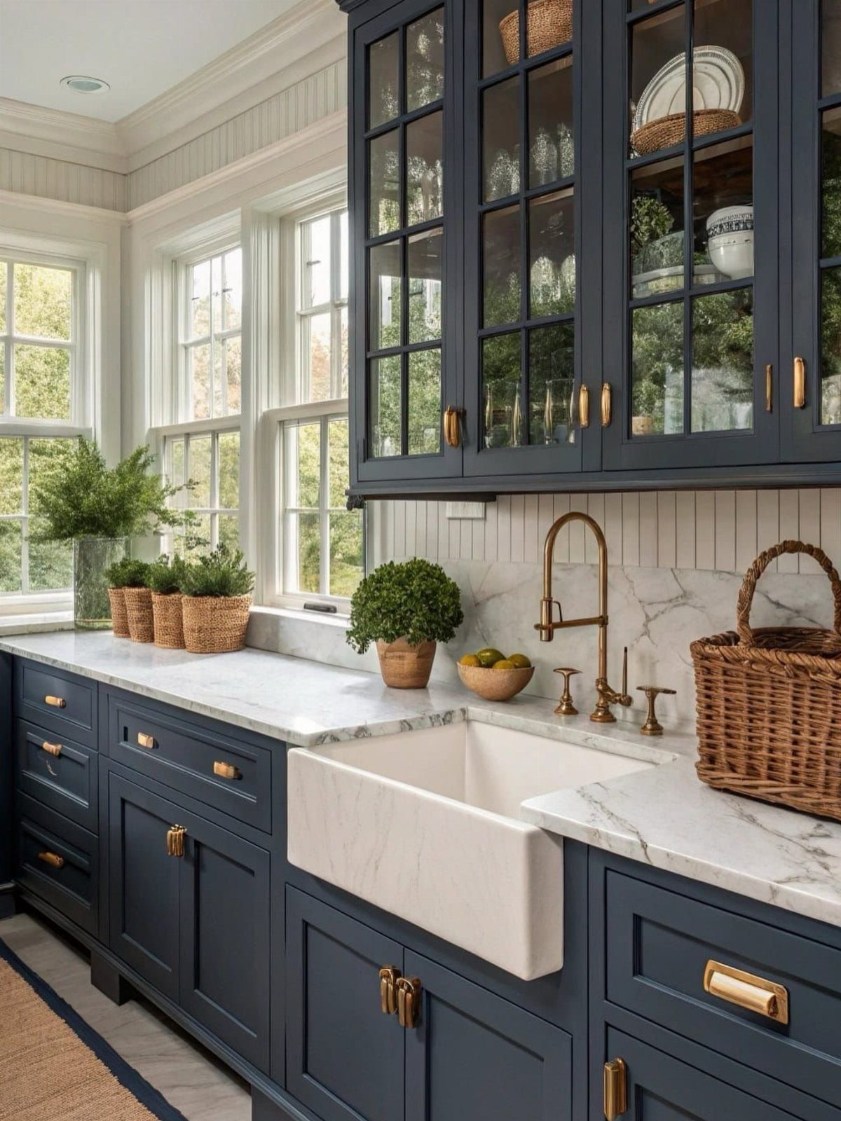 Navy blue kitchen cabinets with brass handles and a white marble countertop near a farmhouse sink.