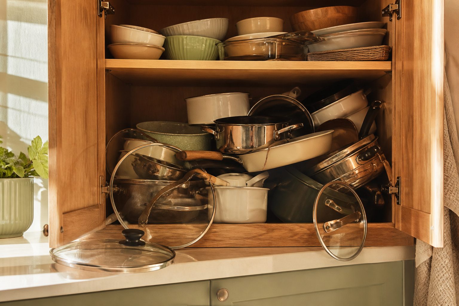 Cluttered kitchen cabinet filled with mismatched pots, pans, and lids