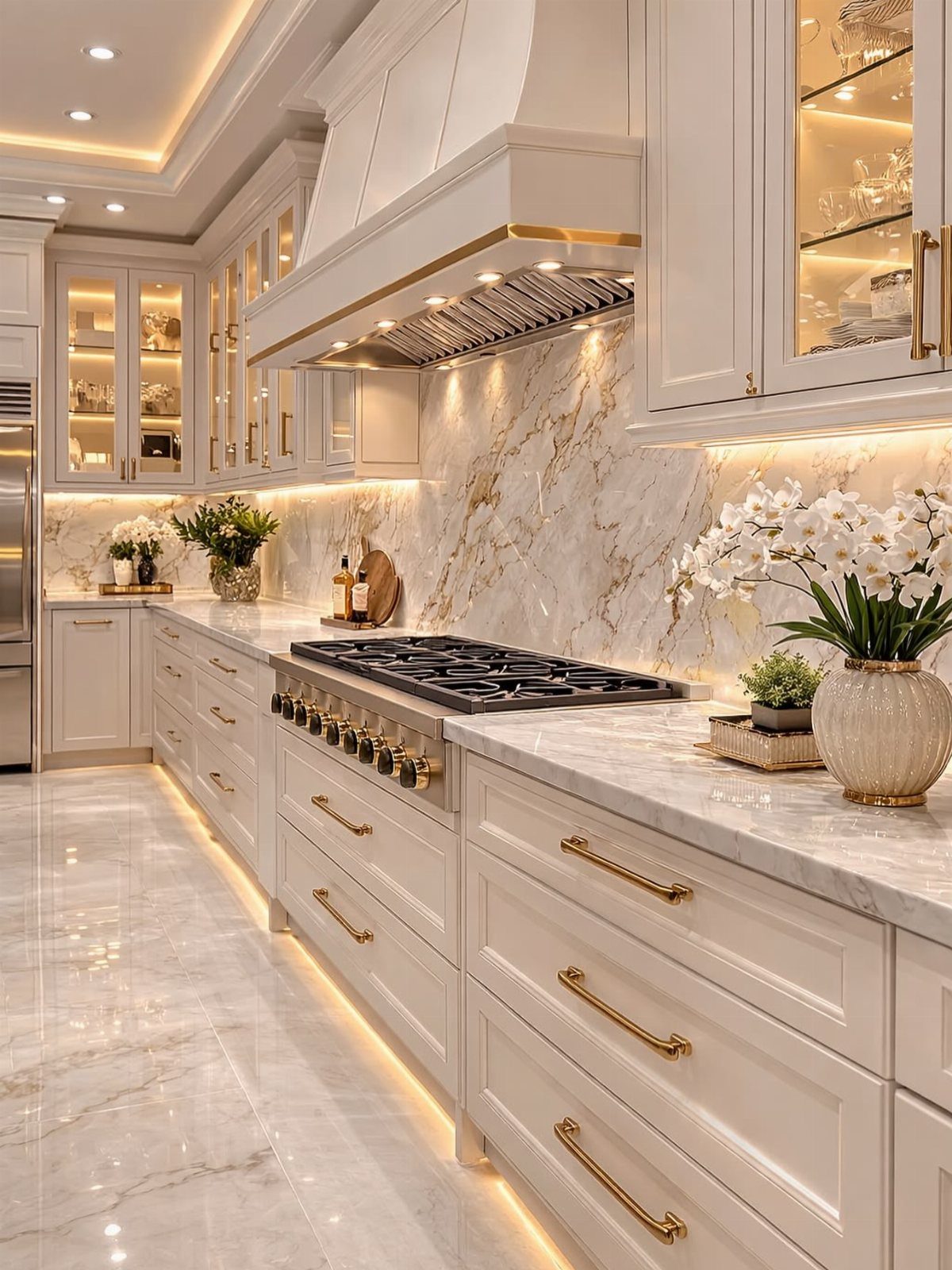 Luxurious white marble kitchen with gold accents, white cabinetry, and elegant floral arrangements on the countertops.