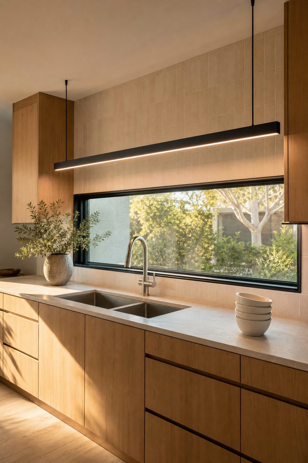 A black linear pendant light hangs over a modern kitchen sink and wooden cabinetry.