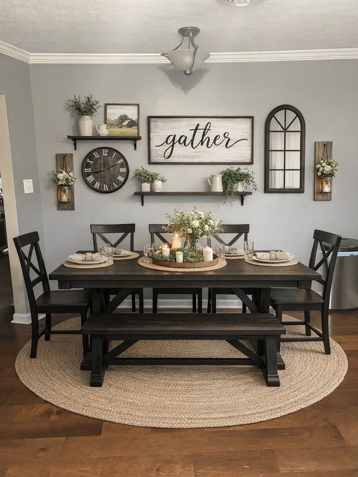 A modern farmhouse dining room set with a dark wood table, black chairs, and rustic wall decor.