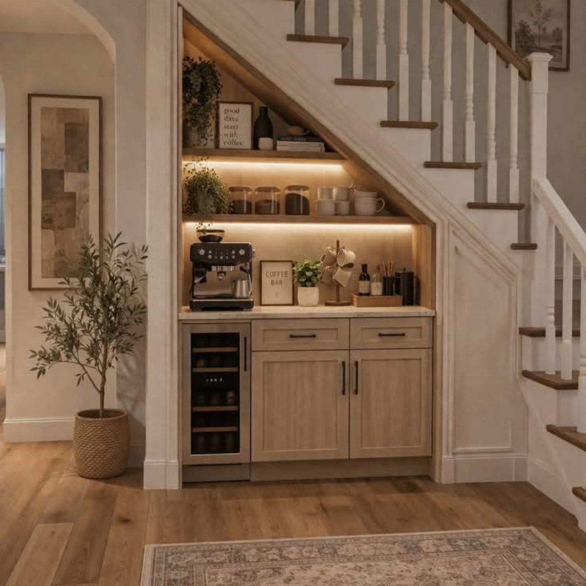 A wooden under-stairs coffee station with an espresso machine, mugs, and integrated wine fridge.