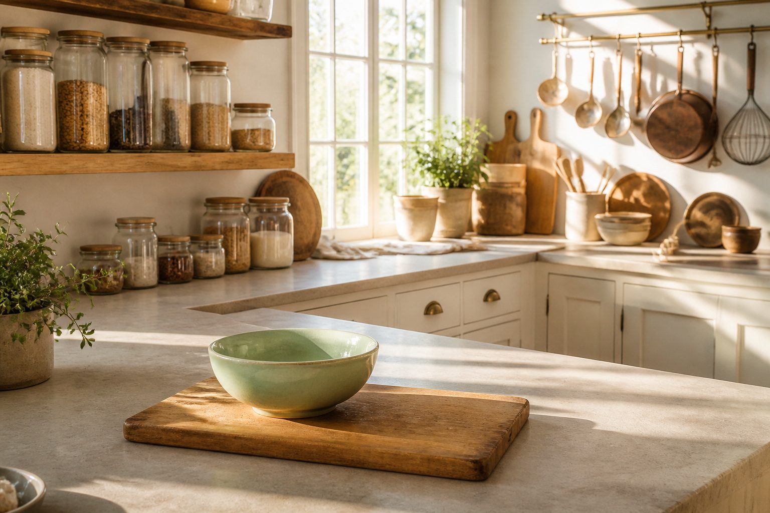A well-organized kitchen with multiple storage options and neatly arranged items.
