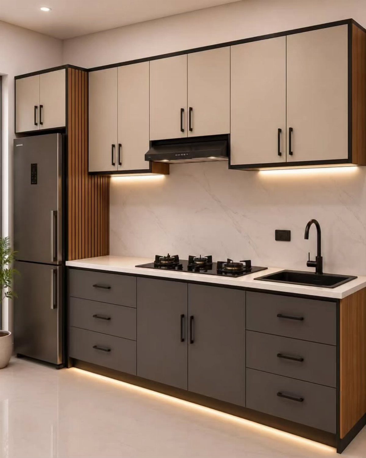Modern two-tone kitchen cabinets with cream upper units and dark grey lower drawers and doors.