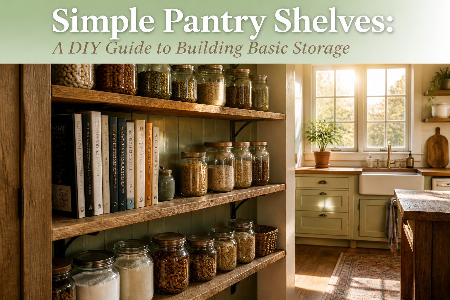 A well-organized pantry with simple shelves and storage solutions.